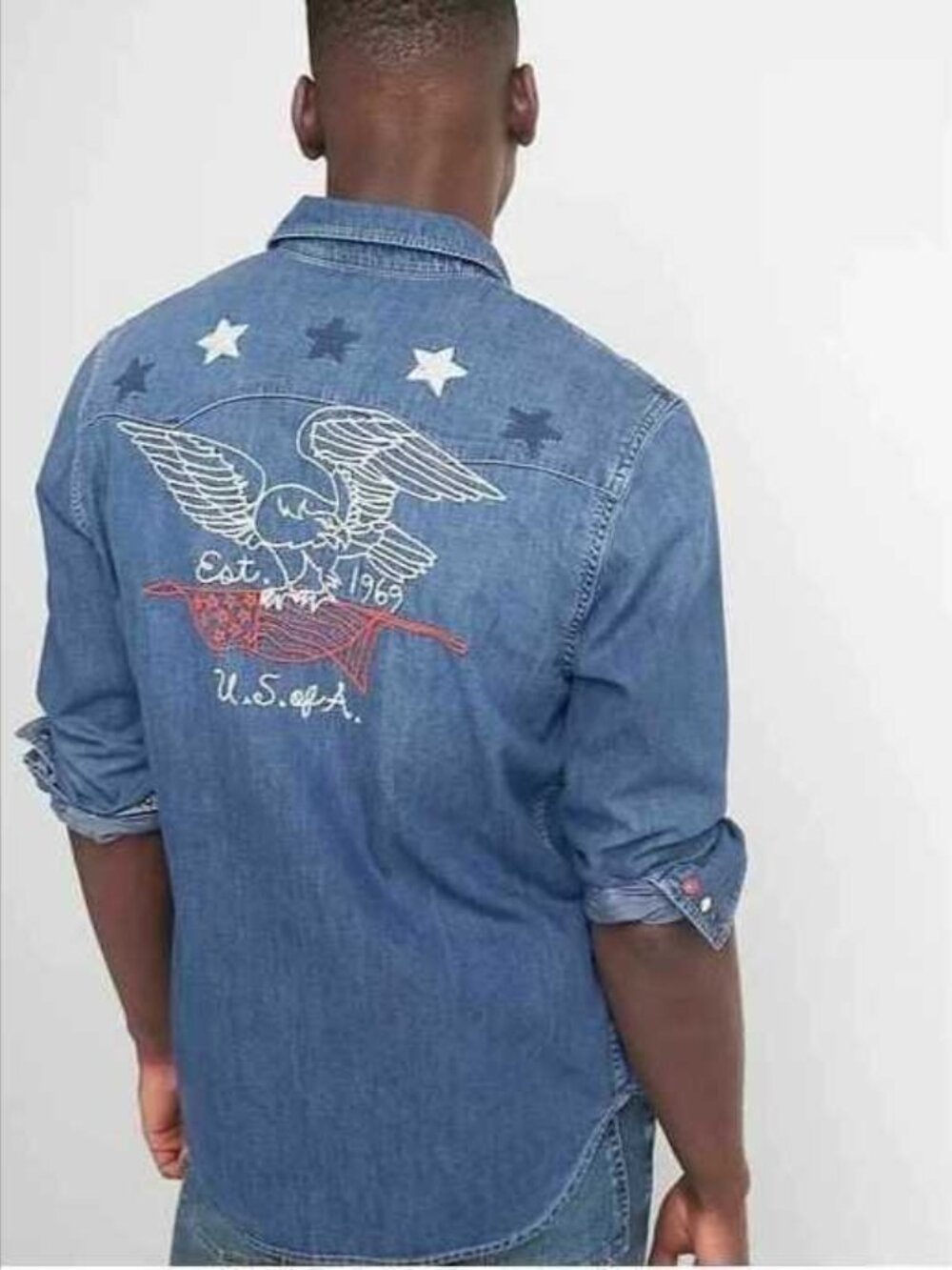 New M Gap USA patriotic eagle denim western cowboy jean shirt Americana